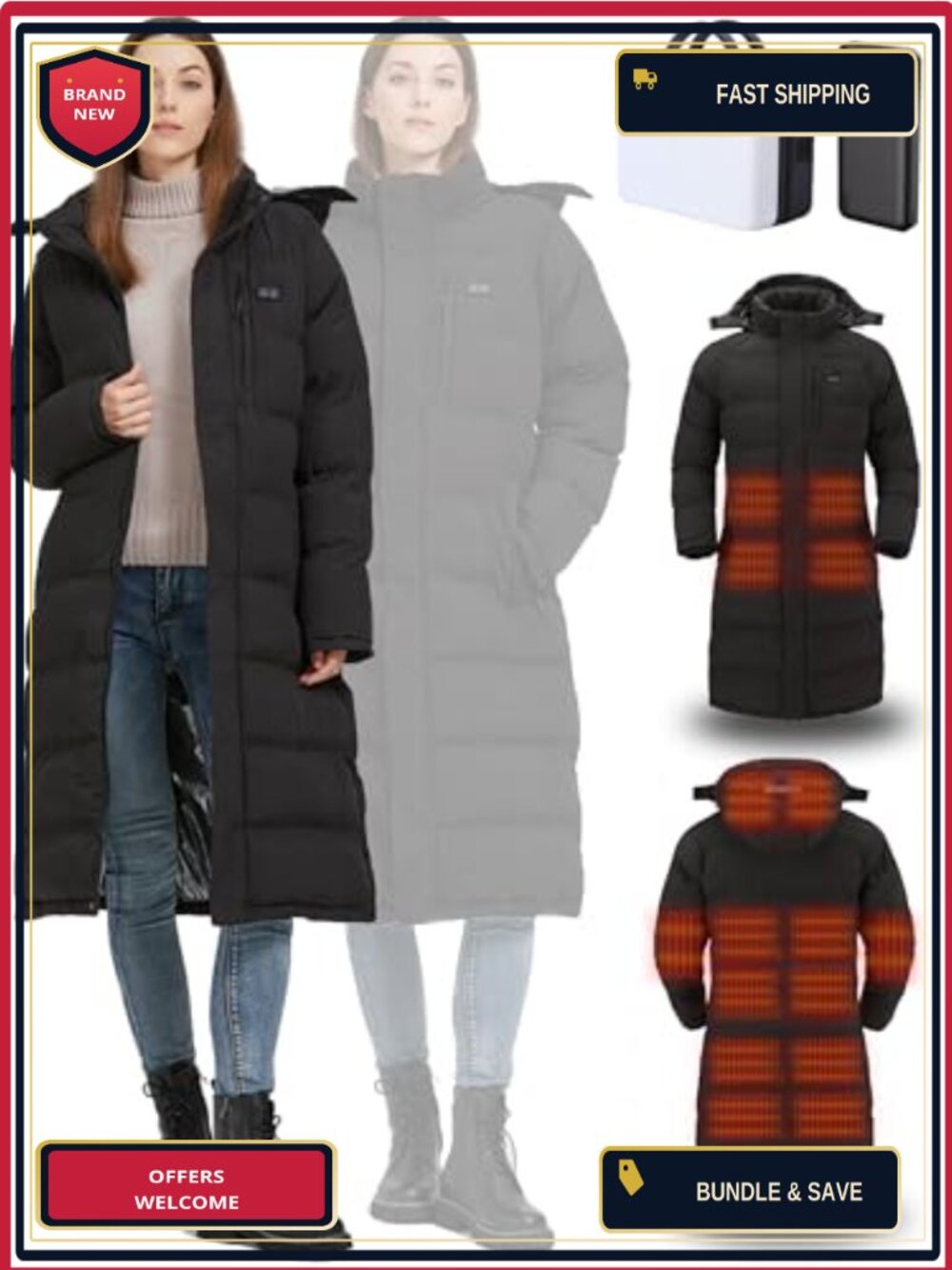 Women's Long Heated Jacket Winter Coat 8-Zone Slim Fit Detachable Hood